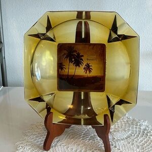 Vintage Amber Glass Ash Tray Picture of Palm Trees and Sunset. Freeport Bahamas
